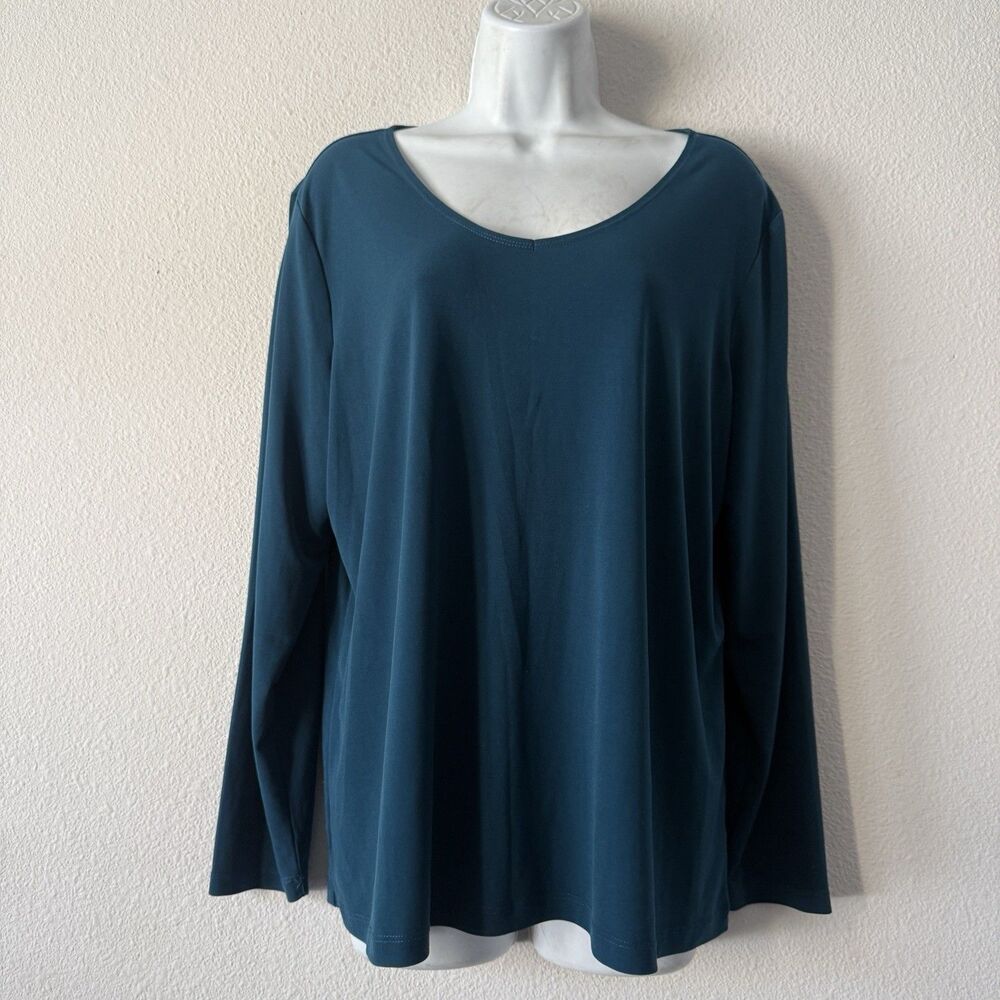 Susan Graver Liquid Knit Top L Teal Scoop Neck Long Sleeve Flowy Everyday Blouse